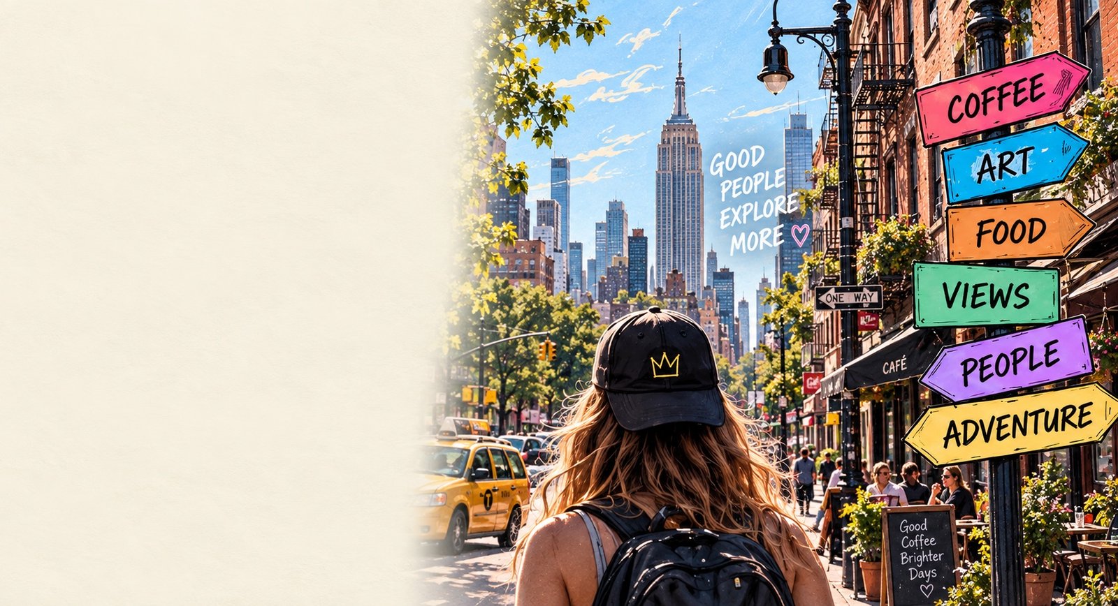 Illustrated New York City streetscape with an explorer and colorful adventure signpost