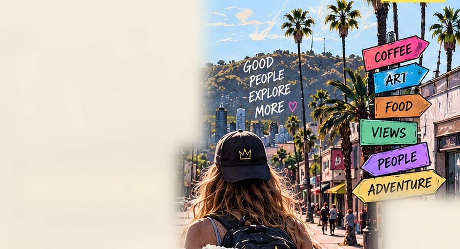 Illustrated Los Angeles streetscape with an explorer and colorful adventure signpost
