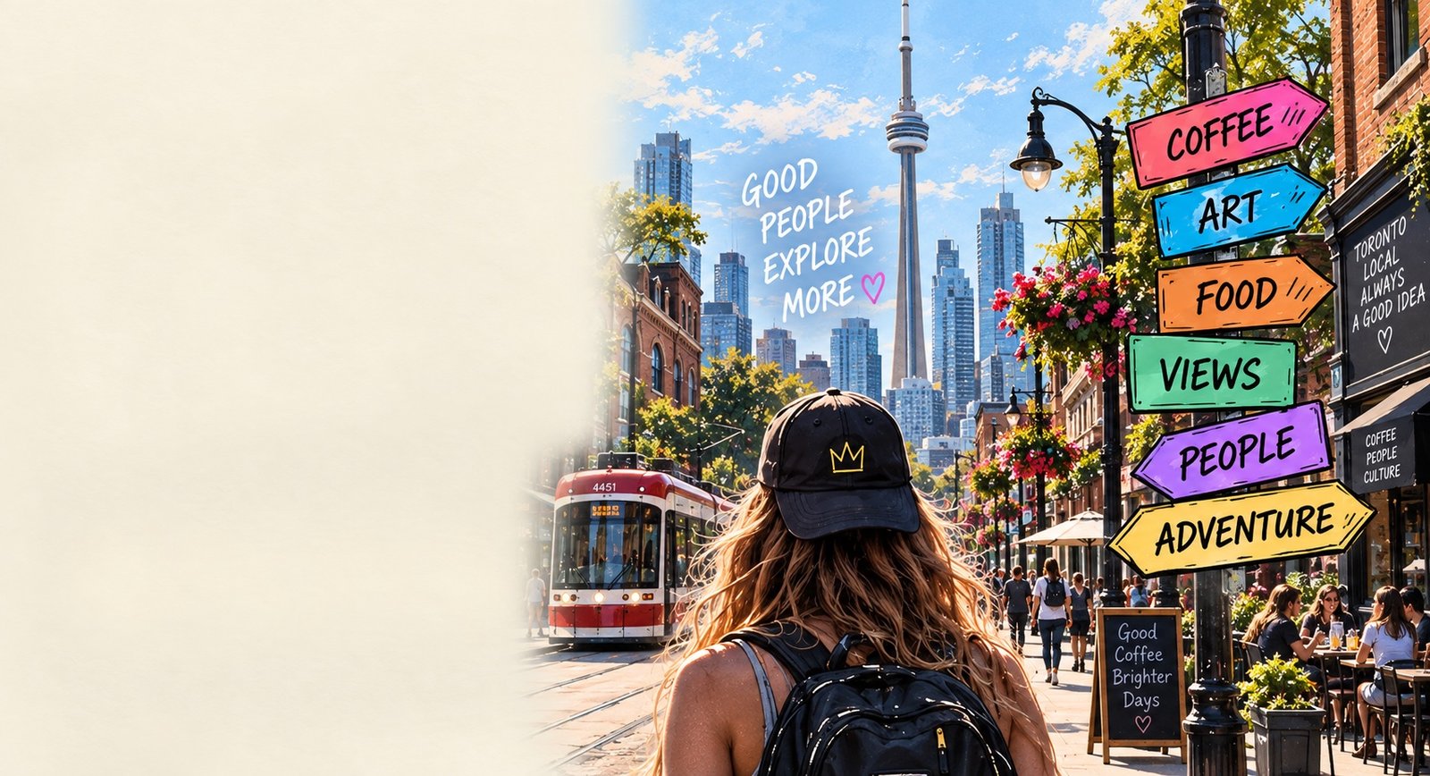 Illustrated Toronto streetscape with an explorer and colorful adventure signpost