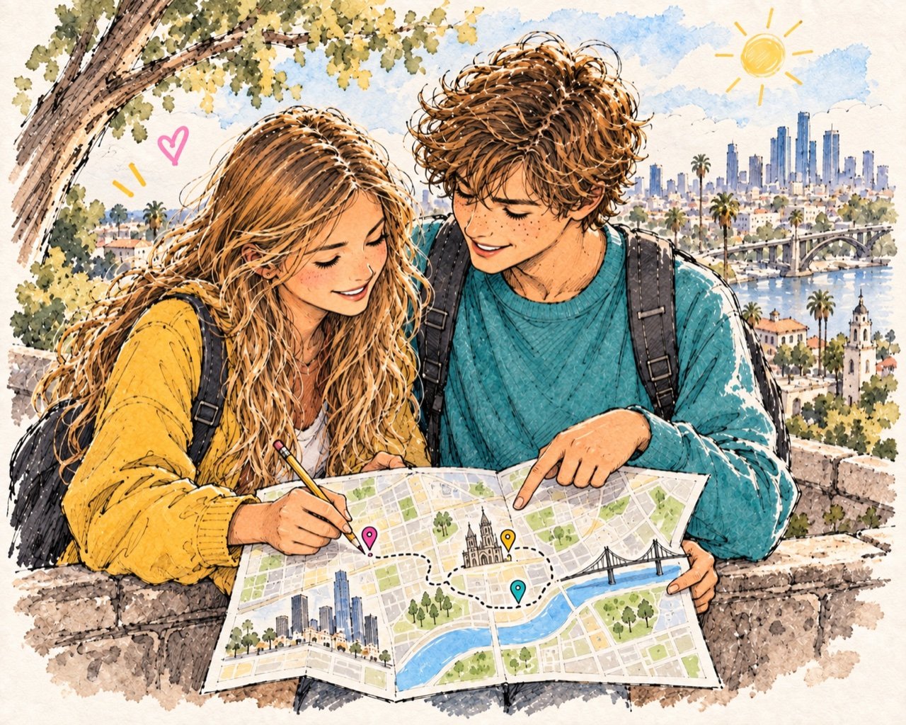 College-age creators planning a city hunt together with a map, in the same ink-and-watercolor style as the adventure cards