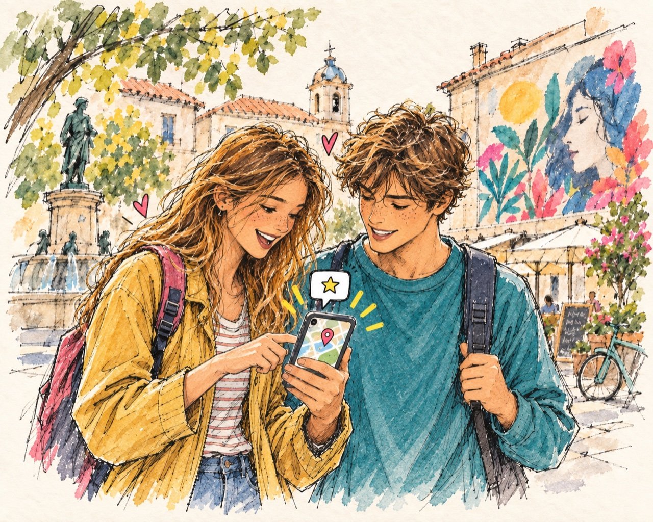 College-age friends following the clues on a phone in a city square