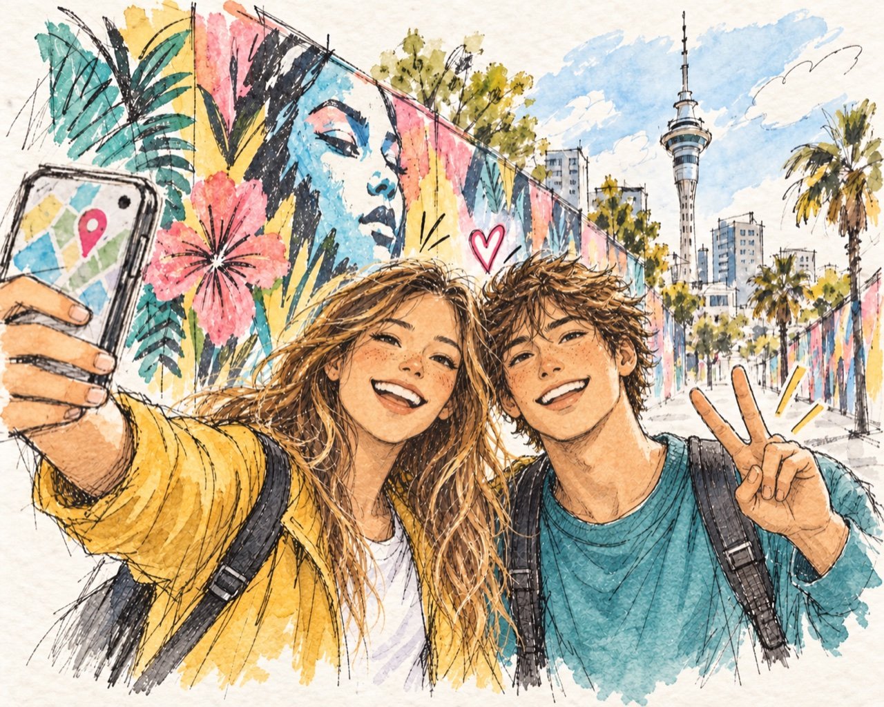 College-age friends taking a selfie in front of a colorful mural and city landmark