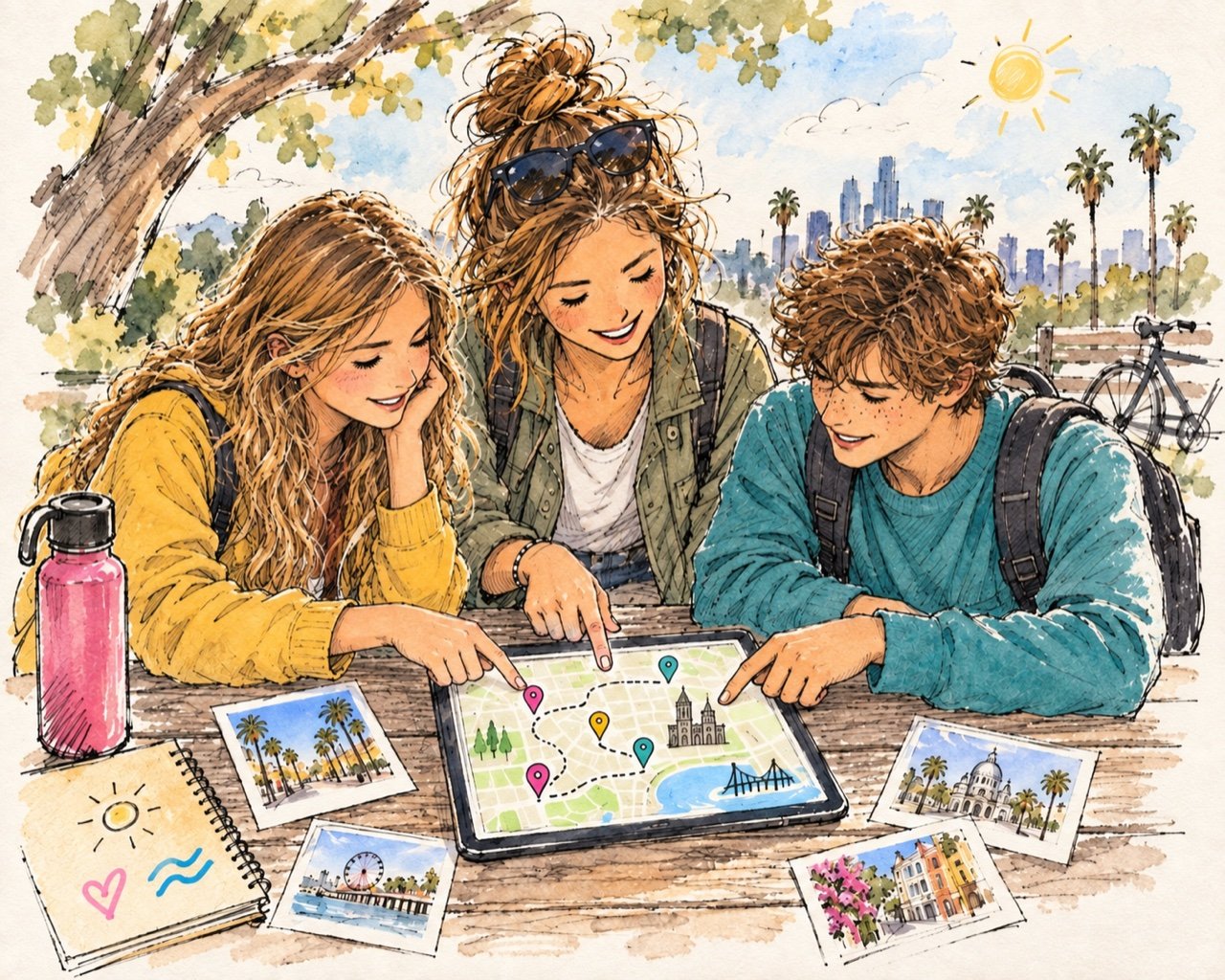 College-age young adults and a family member creating a hunt map together on a tablet